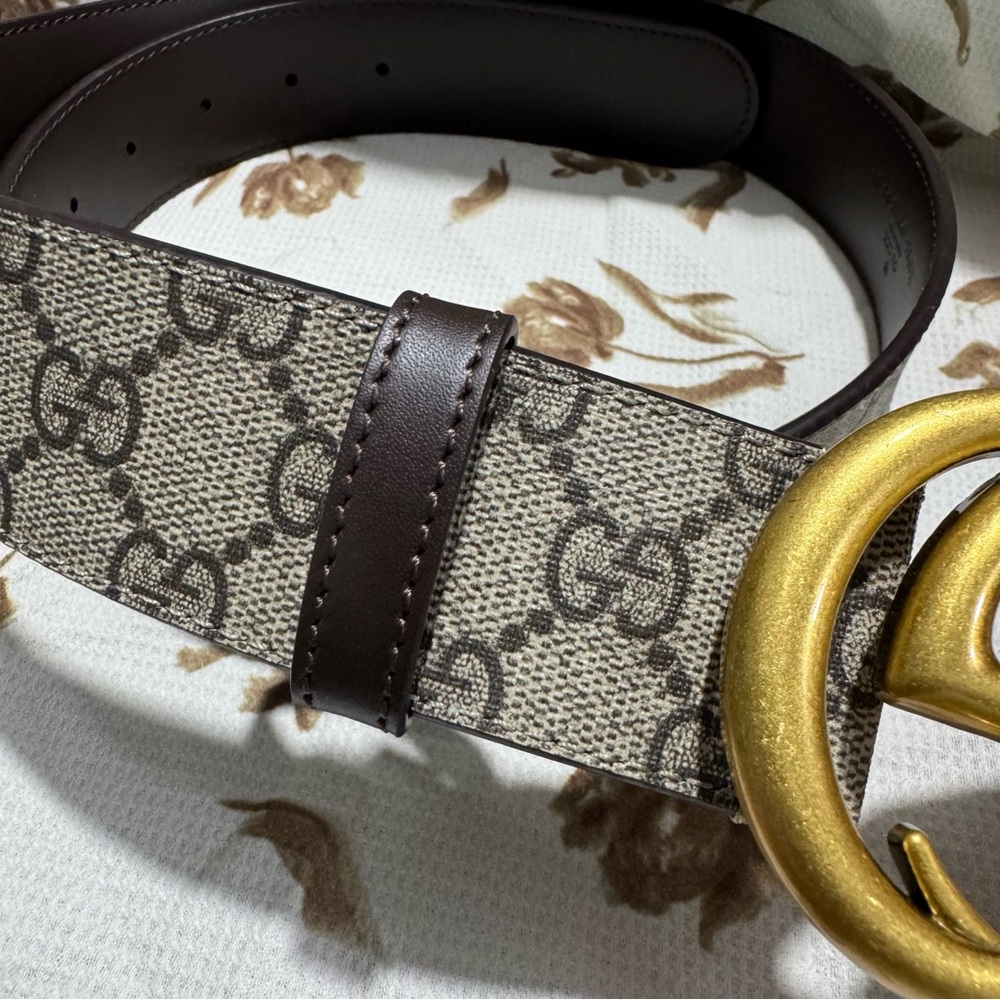 Gucci Beige GG Supreme and Leather GG Marmont Buckle Belt - Picture 13 of 13